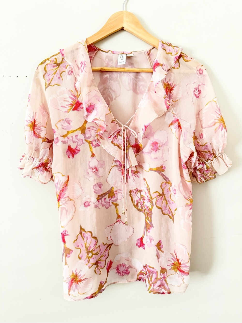 JOIE Silk Blend Floral Ruffle Blouse Pink Watercolor Print Size Small